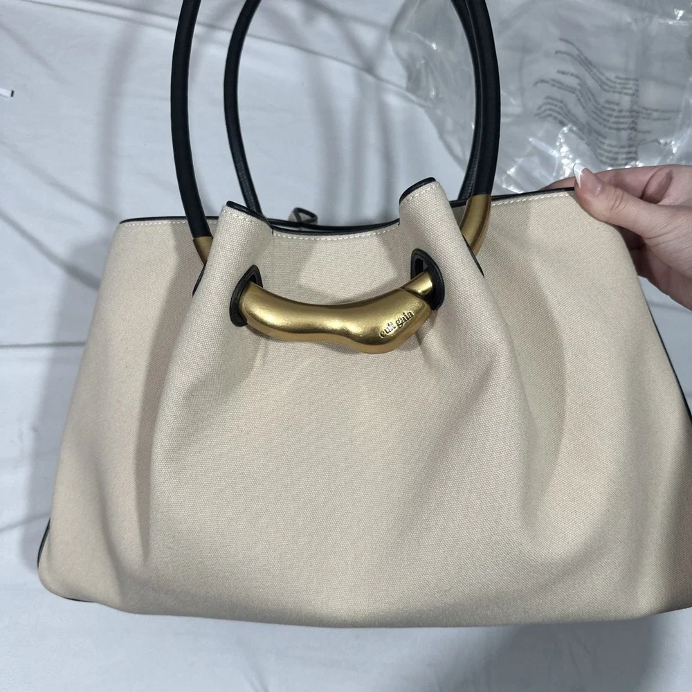 NWT $598 Cult Gaia‎ ASA Canvas & Leather Satchel Large Bag in Beach Nude